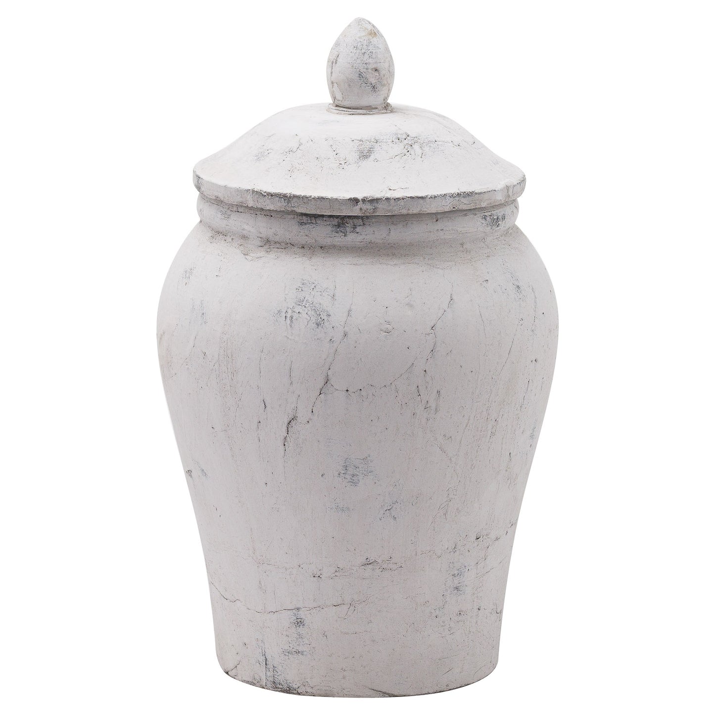 White marble-like urn with a lid on a white background