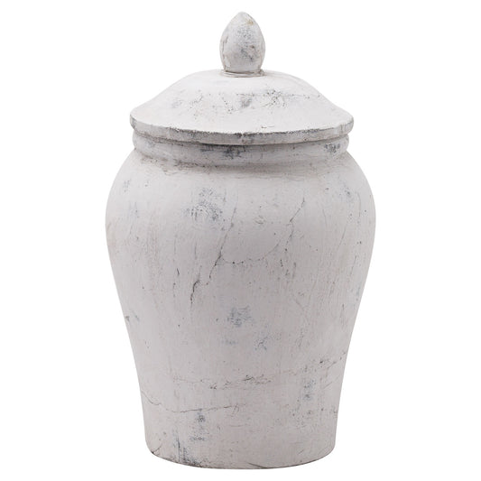 White marble-like urn with a lid on a white background