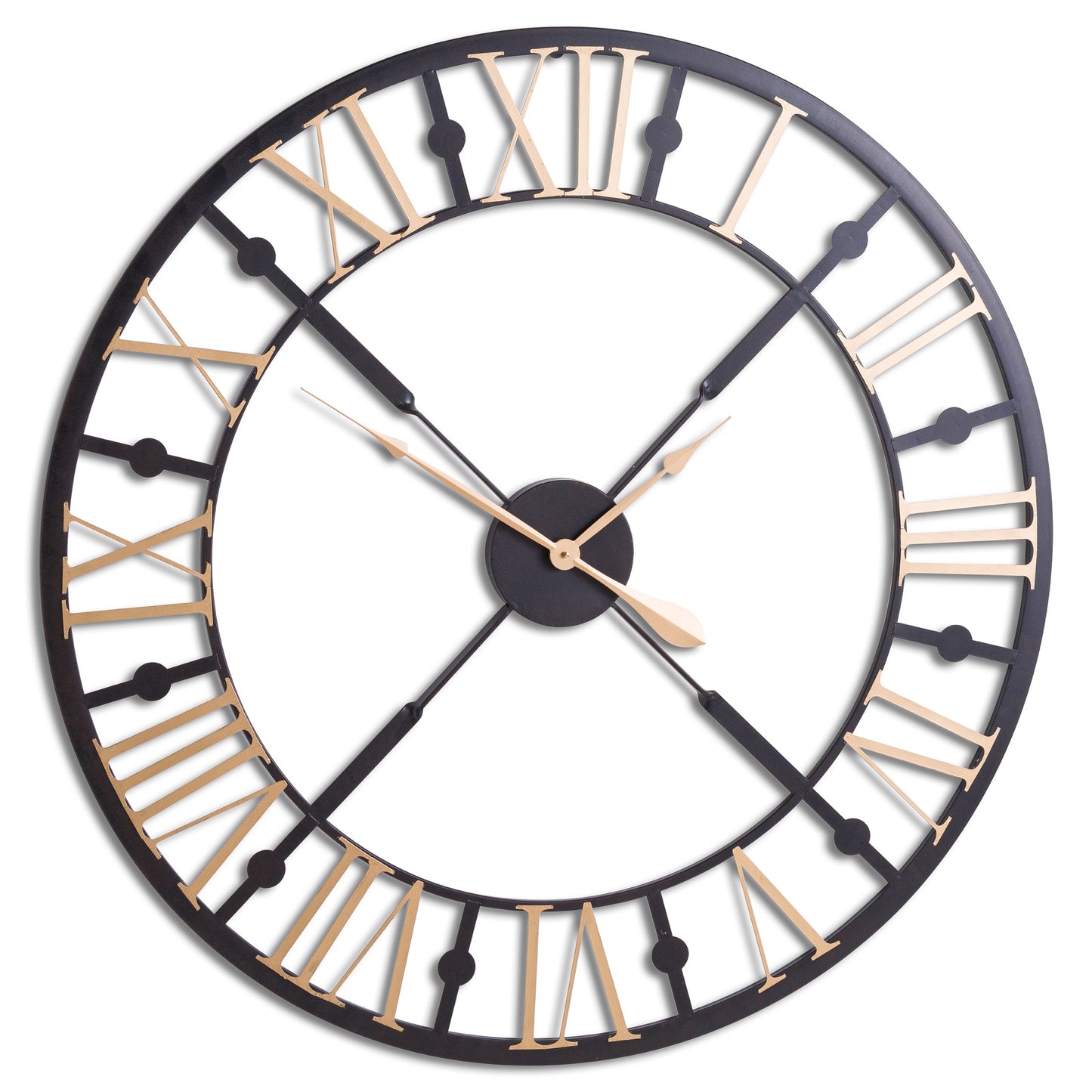 Large round wall clock with black frame and gold Roman numerals on a white background