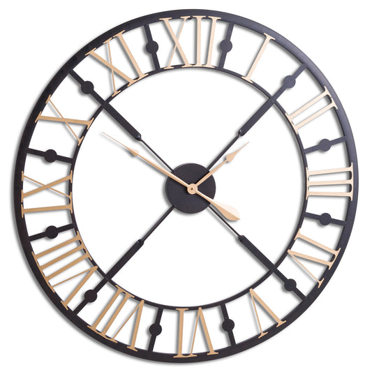 Large round wall clock with black frame and gold Roman numerals on a white background