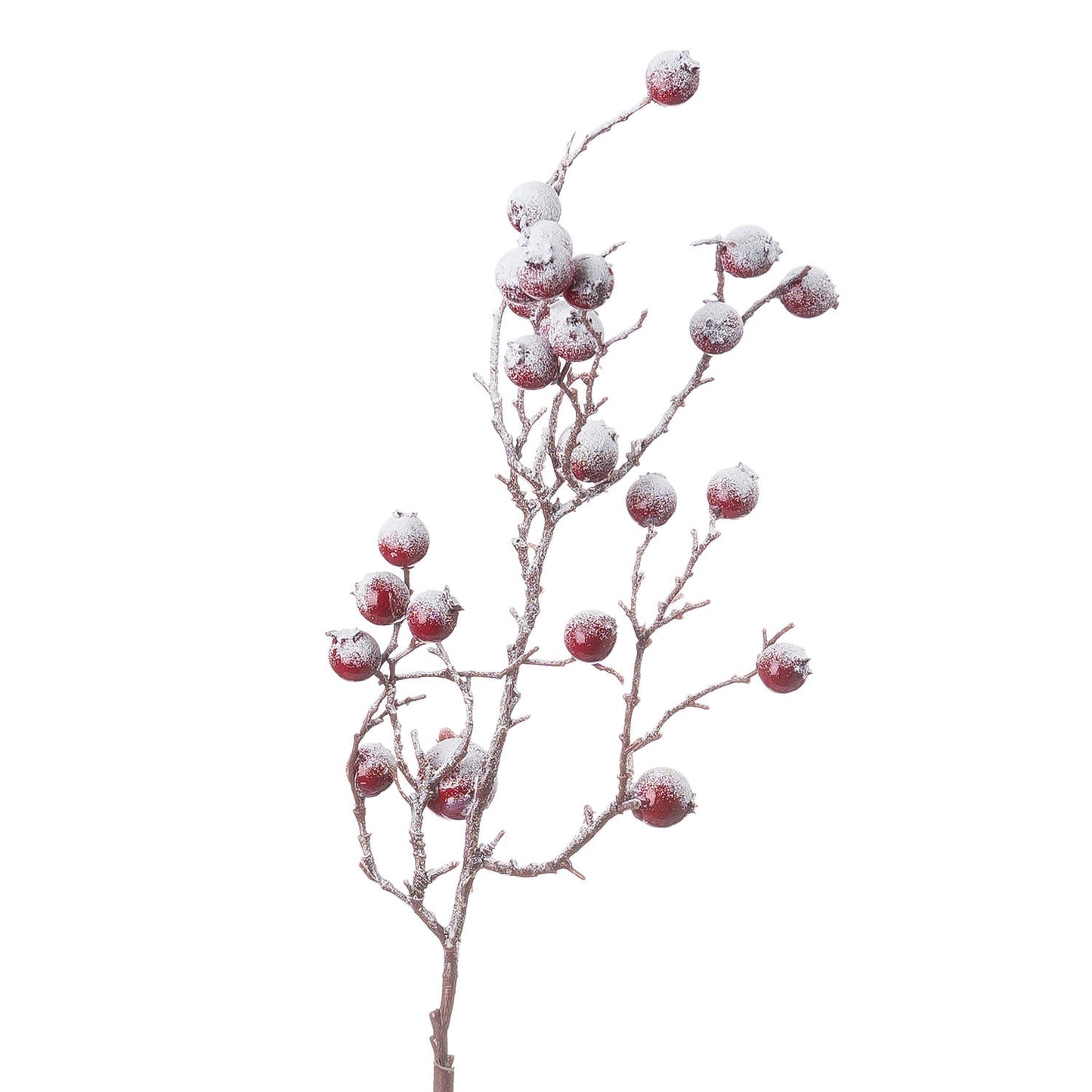 Artificial branch with red berries and snow-like texture on a white background