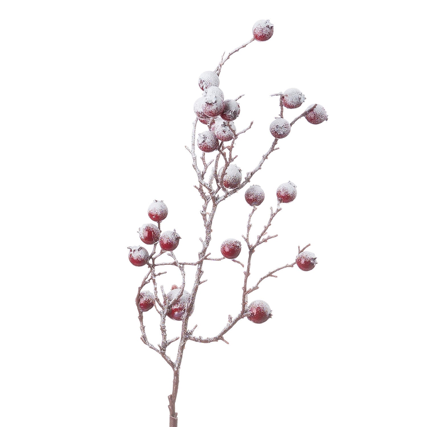 Artificial branch with red berries and snow-like texture on a white background