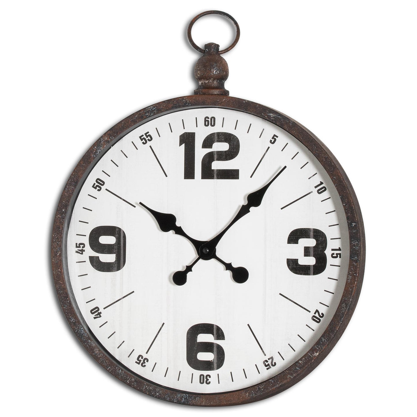 Vintage-style wall clock with a white face and black numbers on a white background