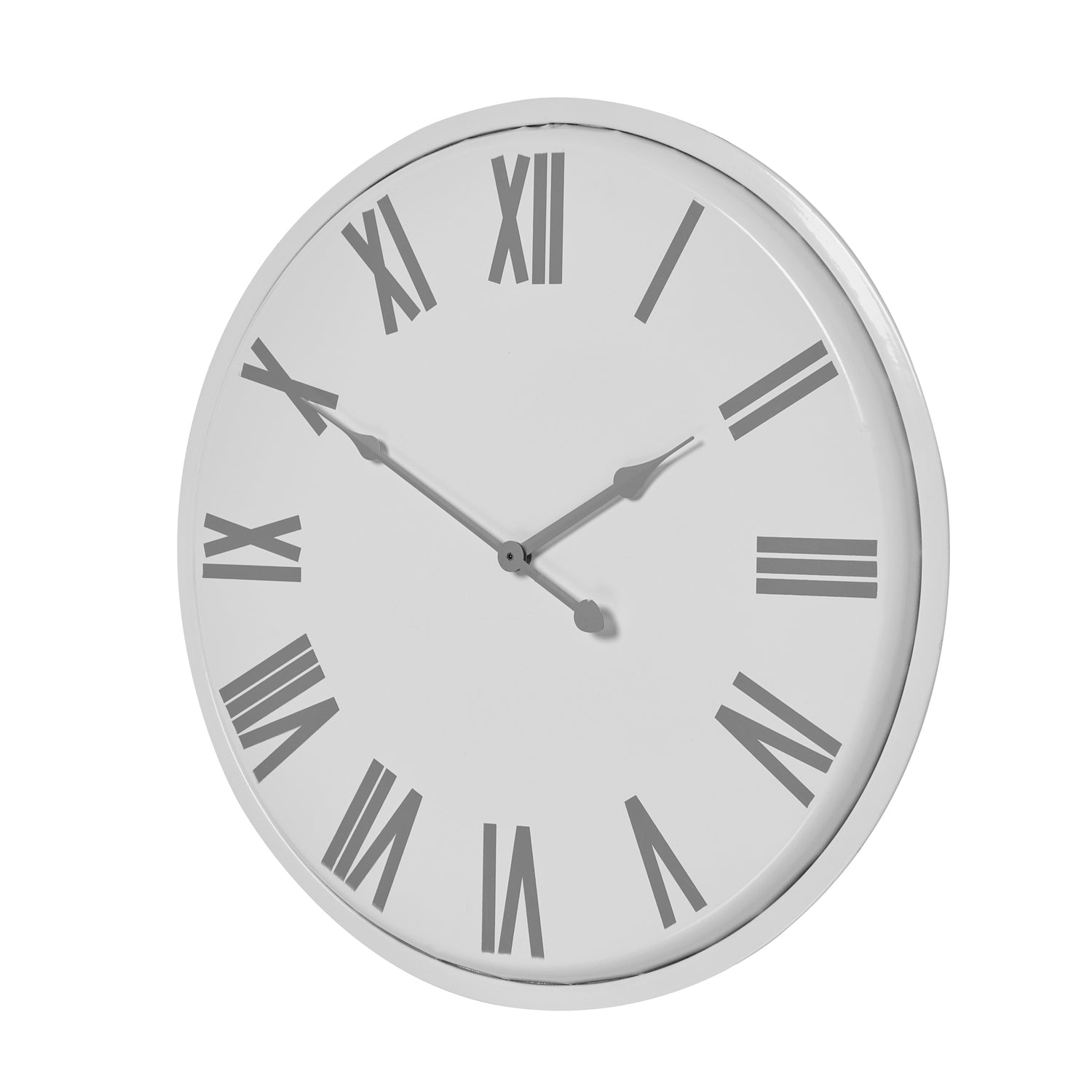 Round wall clock with Roman numeral markers on a white background