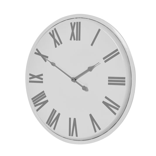 Round wall clock with Roman numeral markers on a white background
