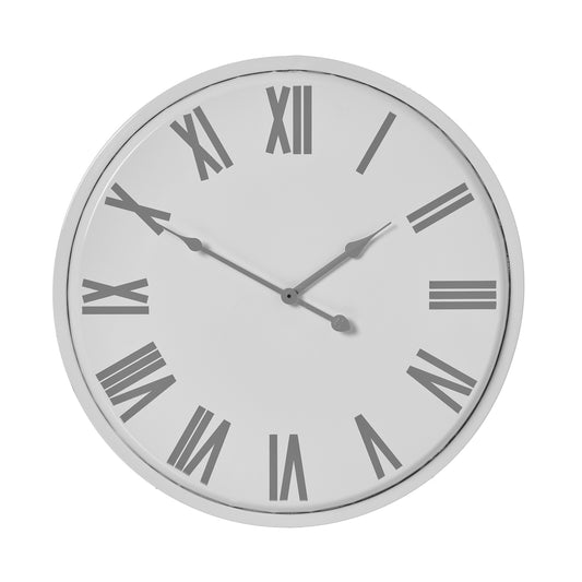 Round wall clock with Roman numeral markers on a white background