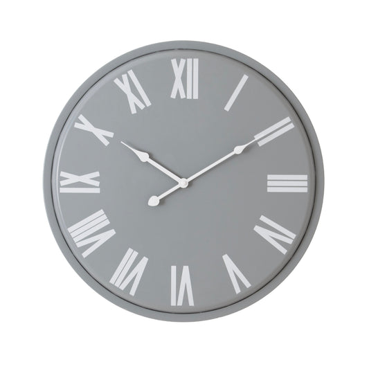 Gray wall clock with white Roman numerals on a white background