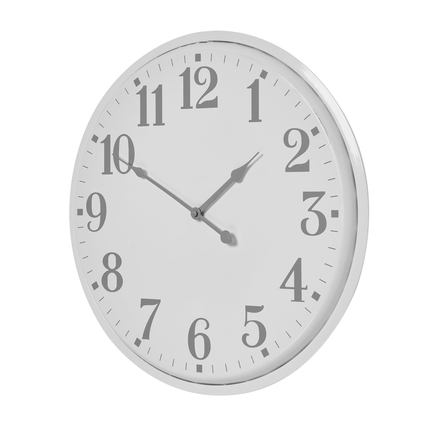 White wall clock with grey numbers and hands on a white background
