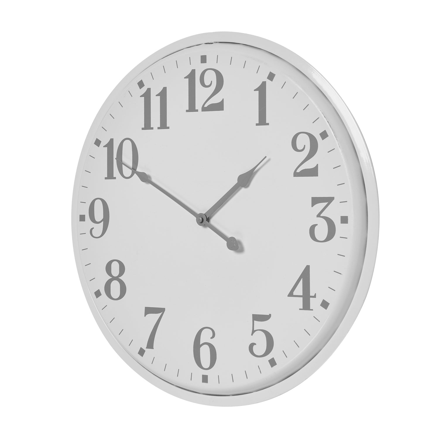 White wall clock with grey numbers and hands on a white background
