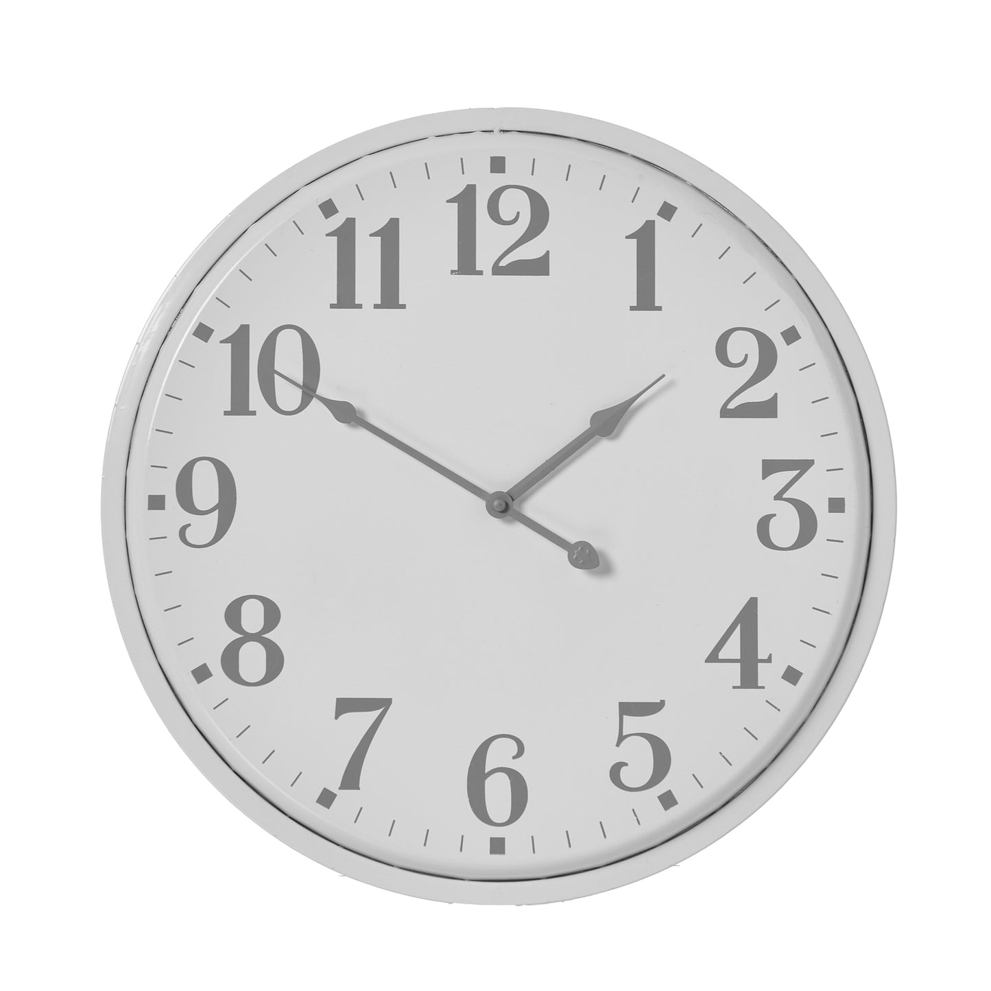 Round wall clock with white face and grey numbers on a white background