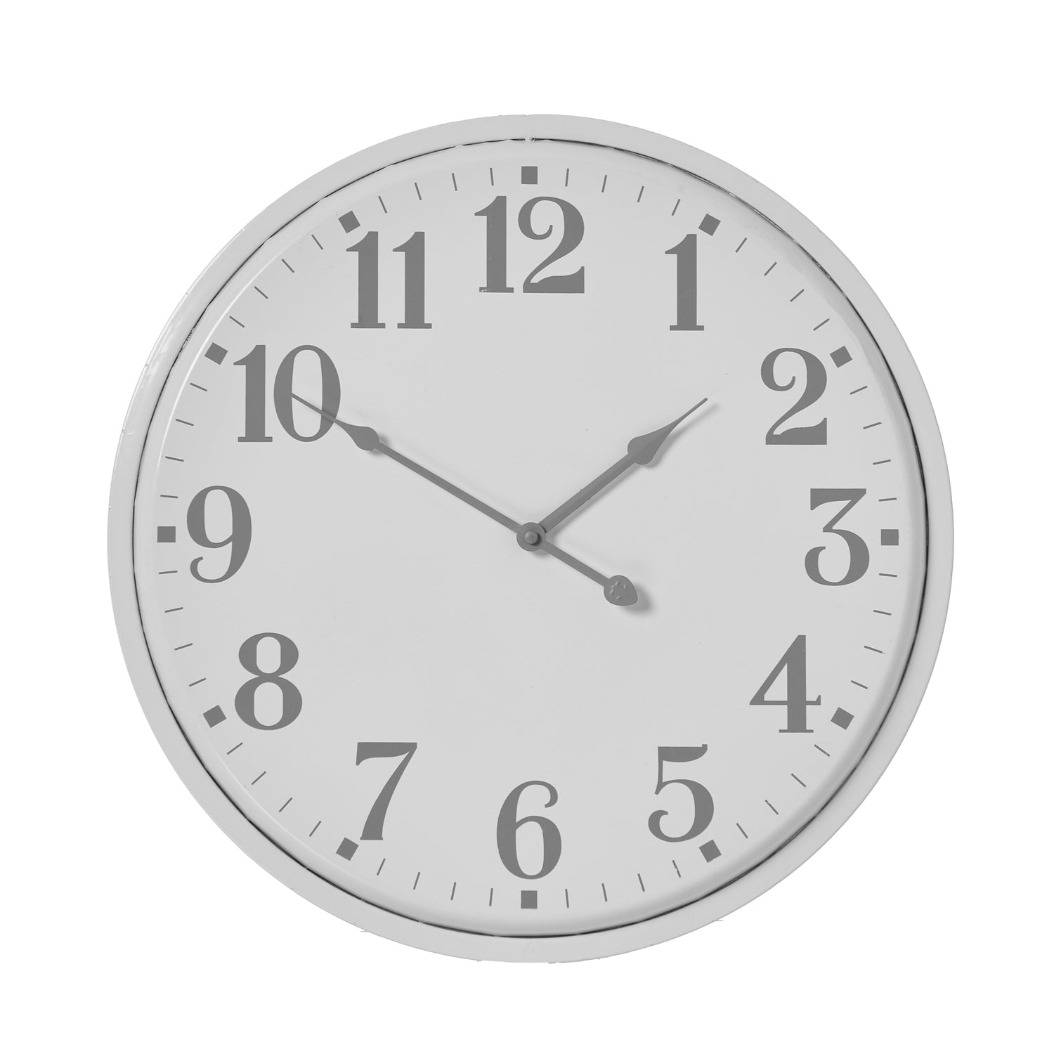 Round wall clock with white face and grey numbers on a white background