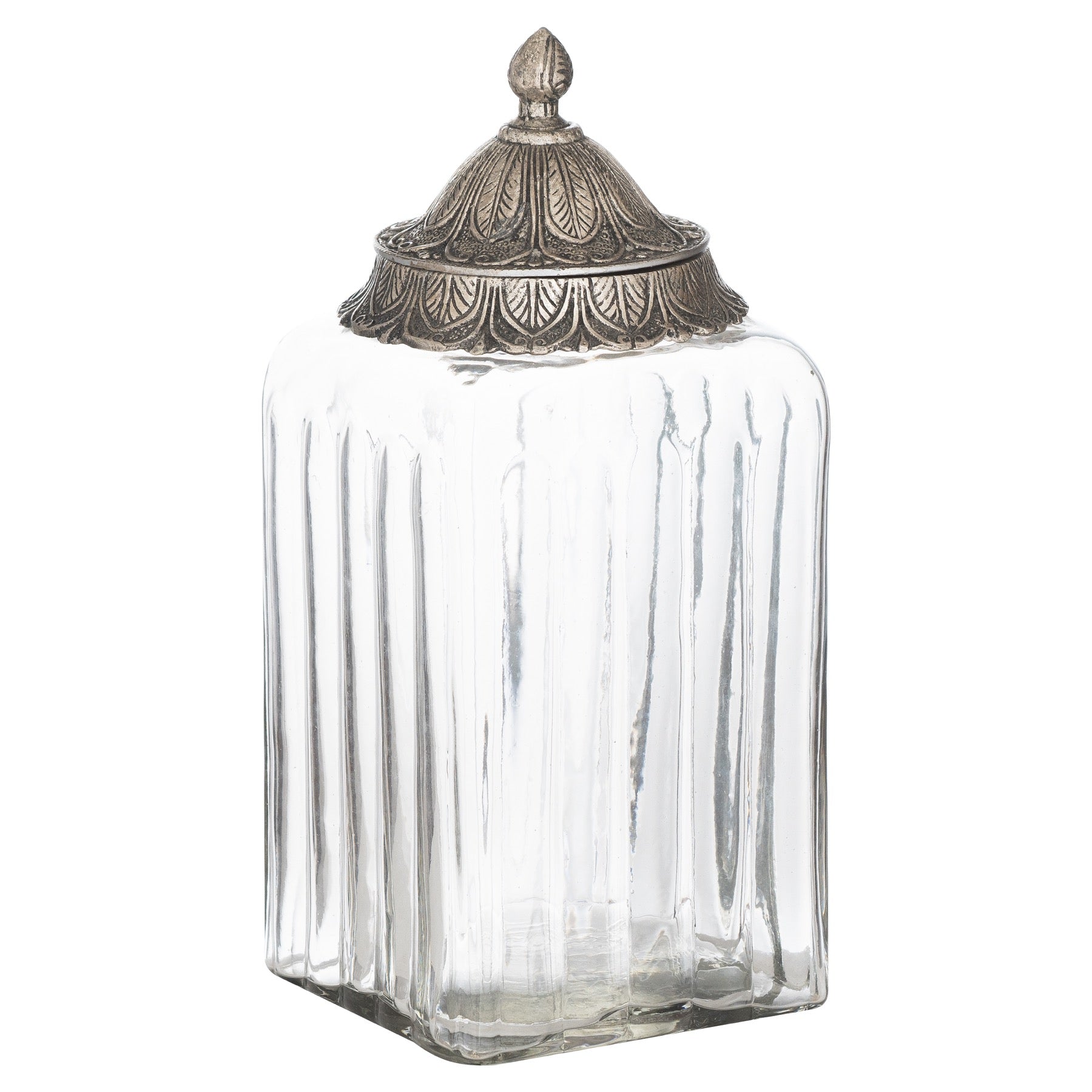 Clear glass jar with an ornate silver lid on a white background