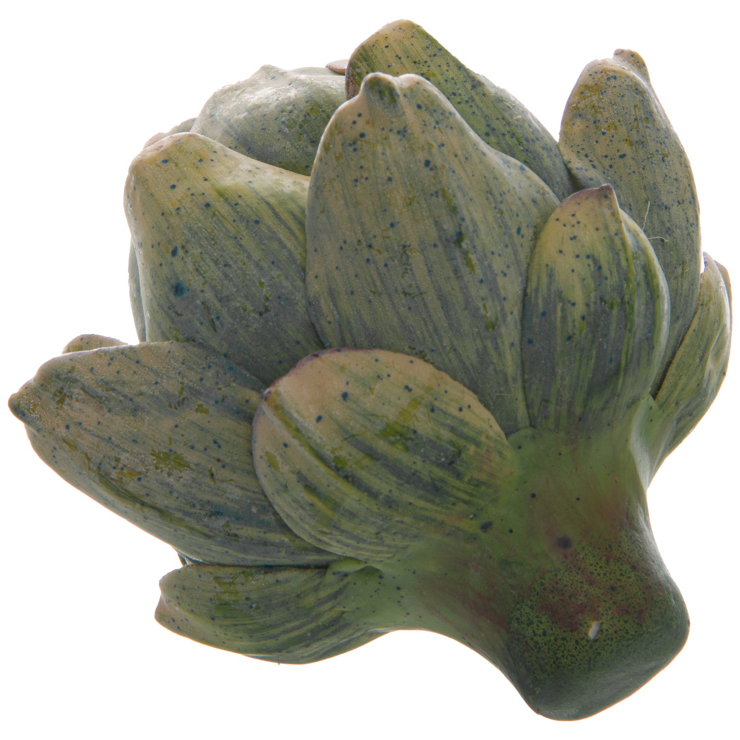 Ceramic artichoke-shaped object with a textured green surface on a white background