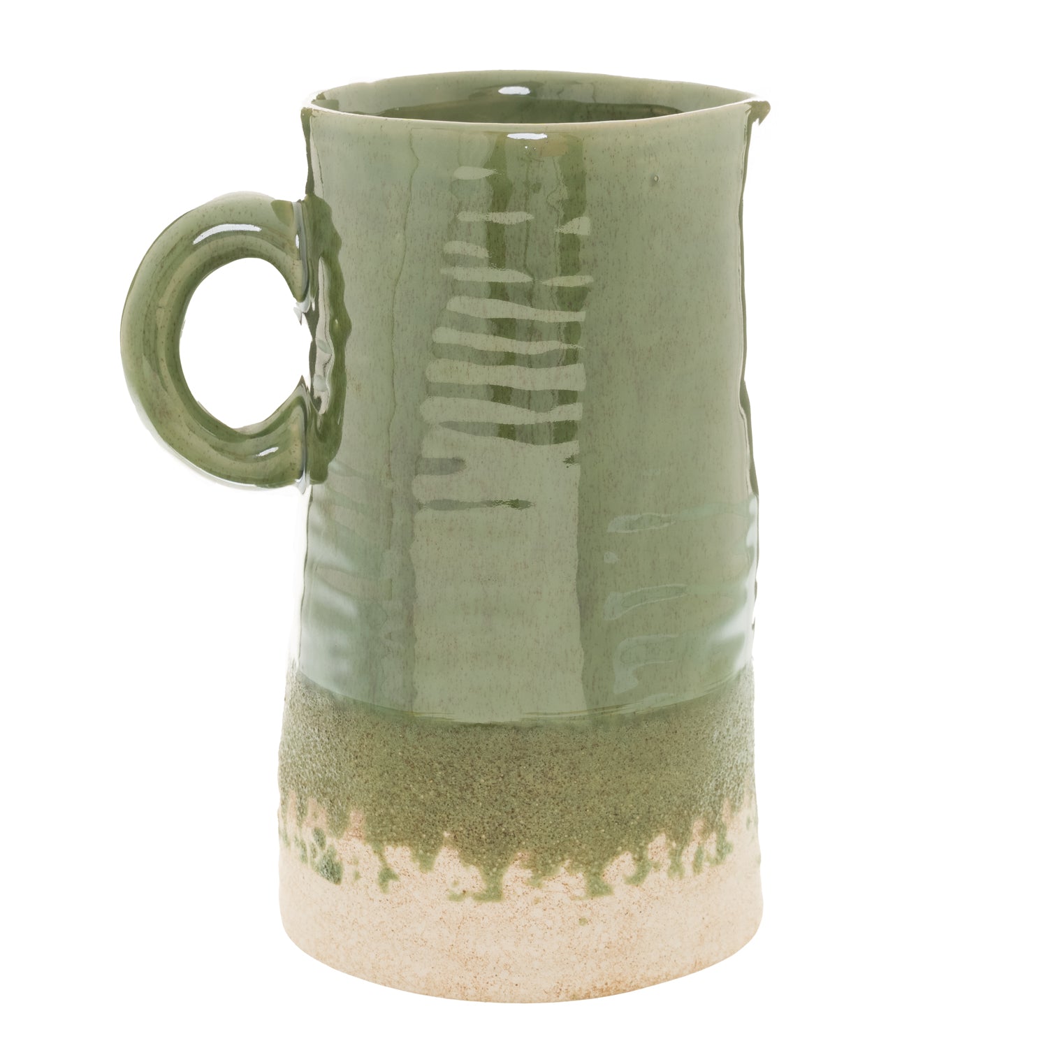 Green ceramic pitcher with a textured surface on a white background