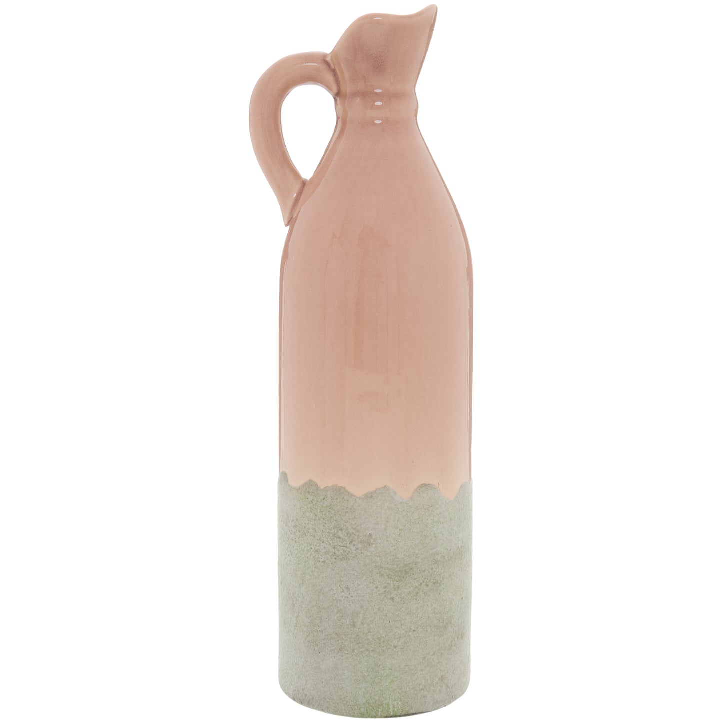 Ceramic pitcher with a gradient design from pink to grey on a white background