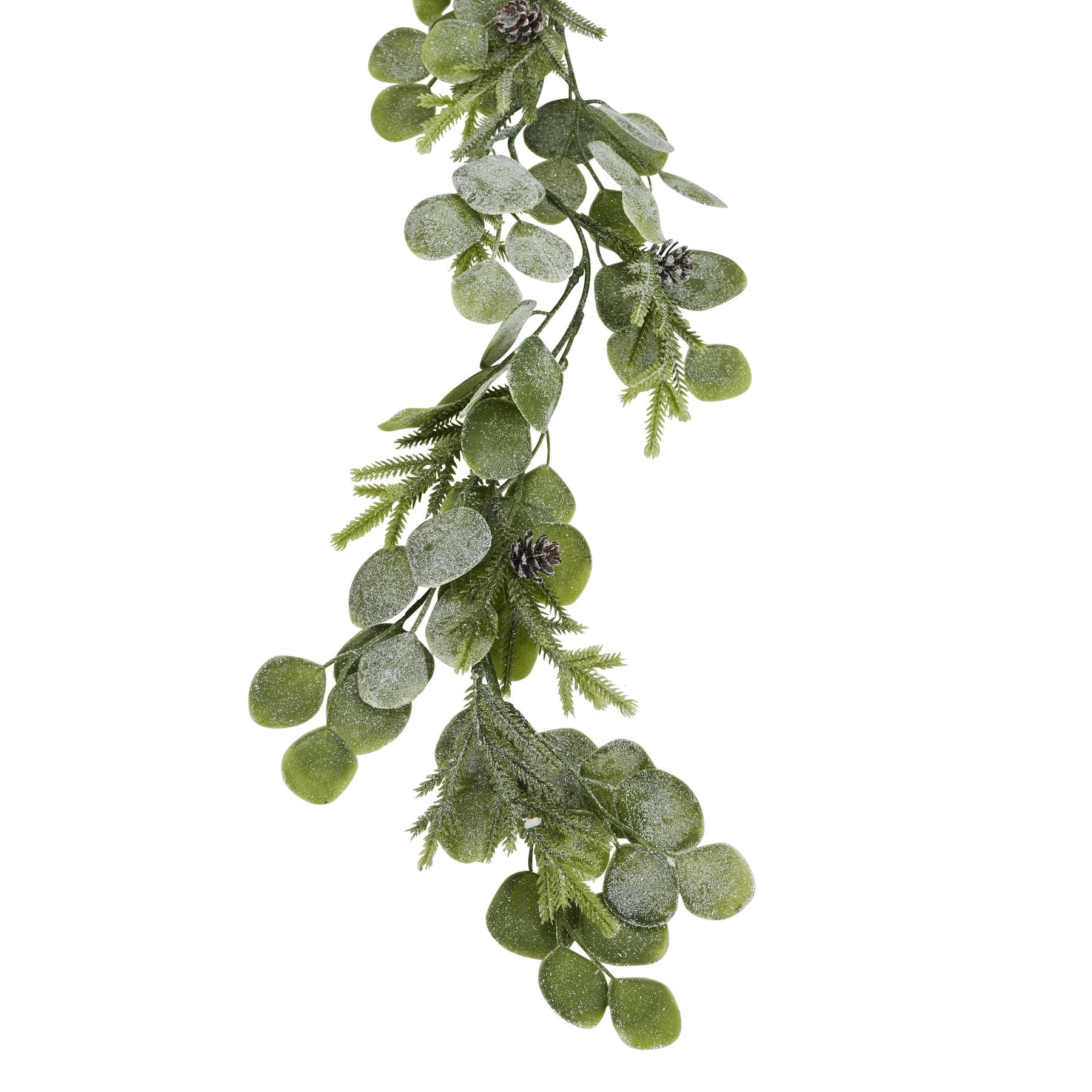 Artificial greenery garland with pinecones on a white background