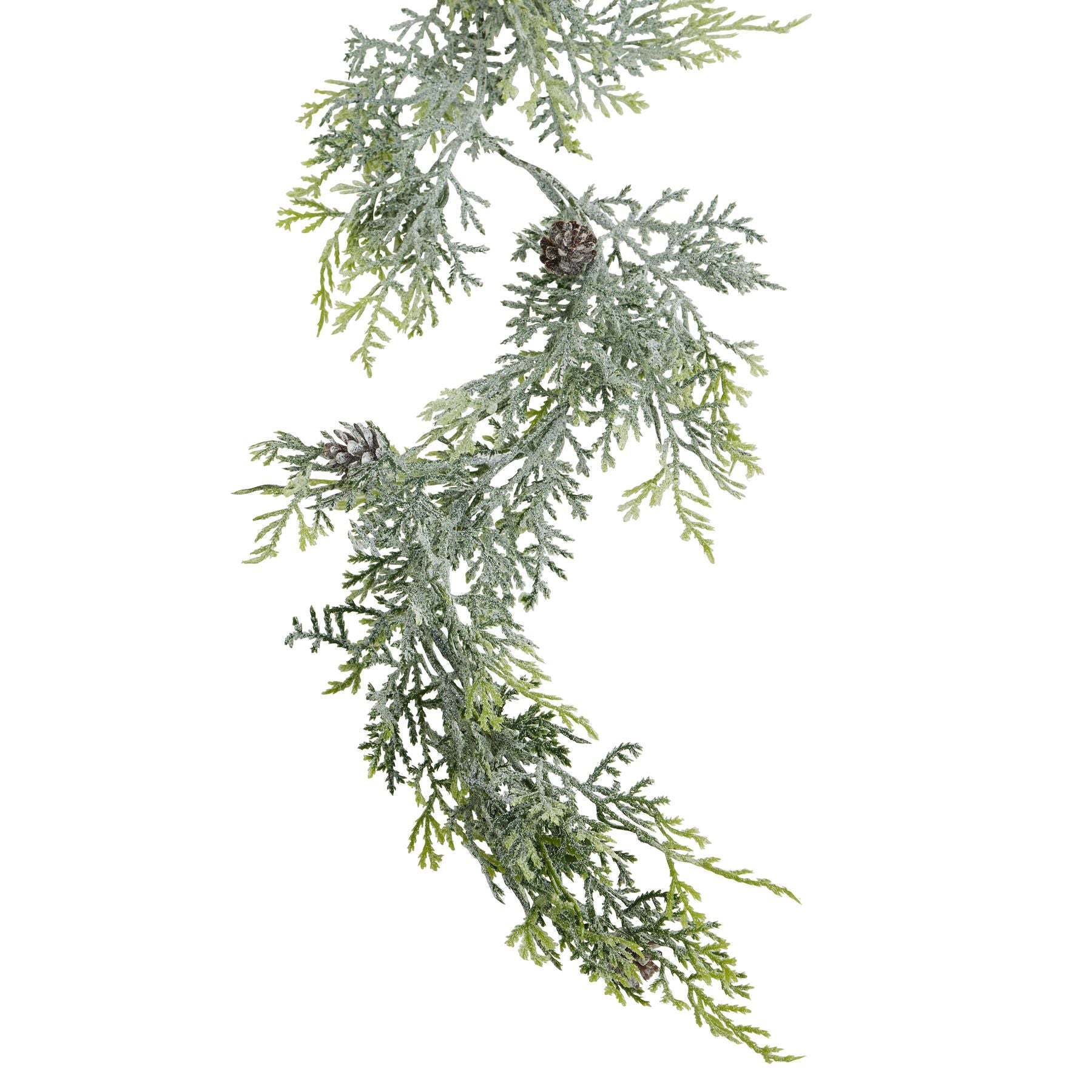 Artificial greenery garland with pinecones on a white background