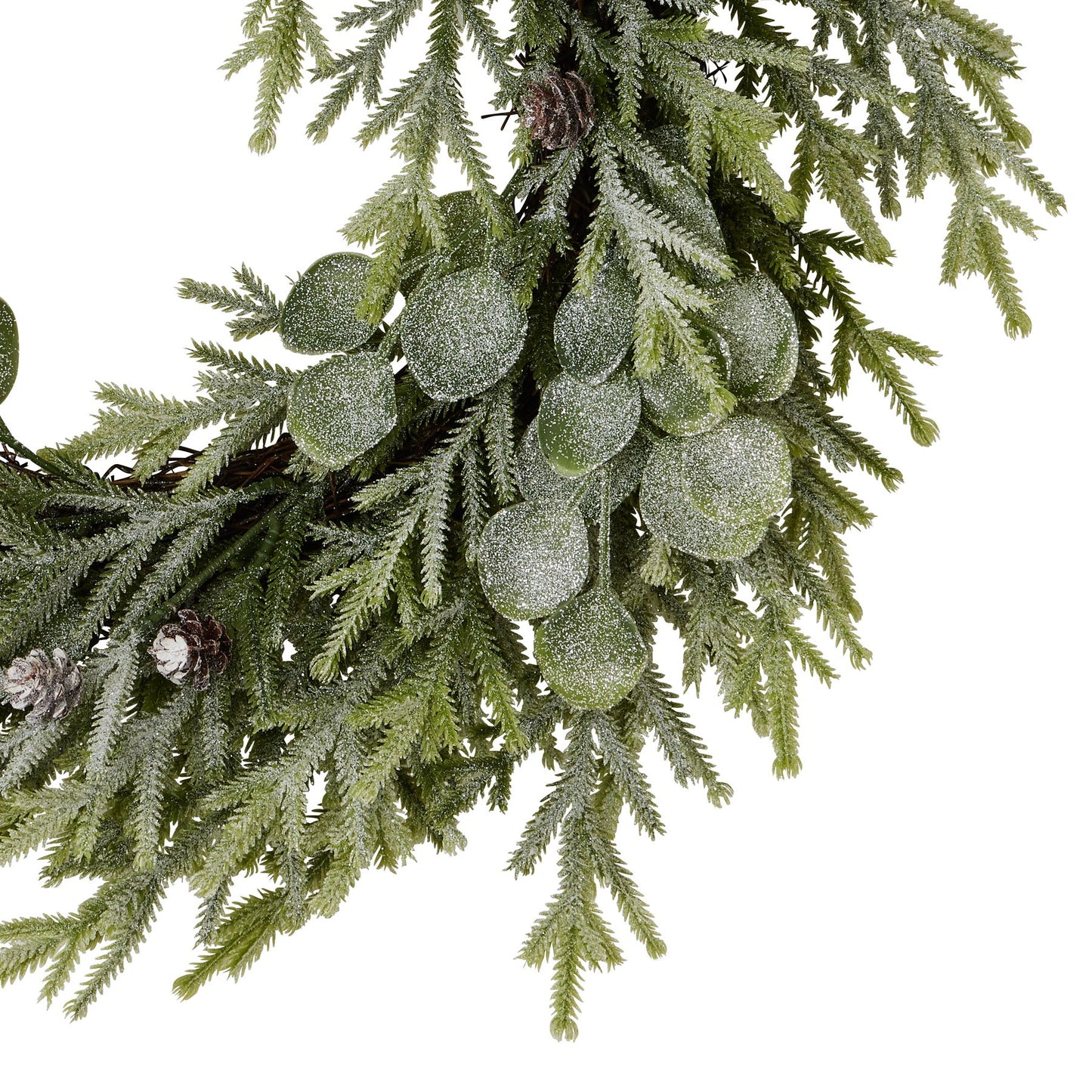 Artificial Christmas garland with green leaves and pinecones on a white background
