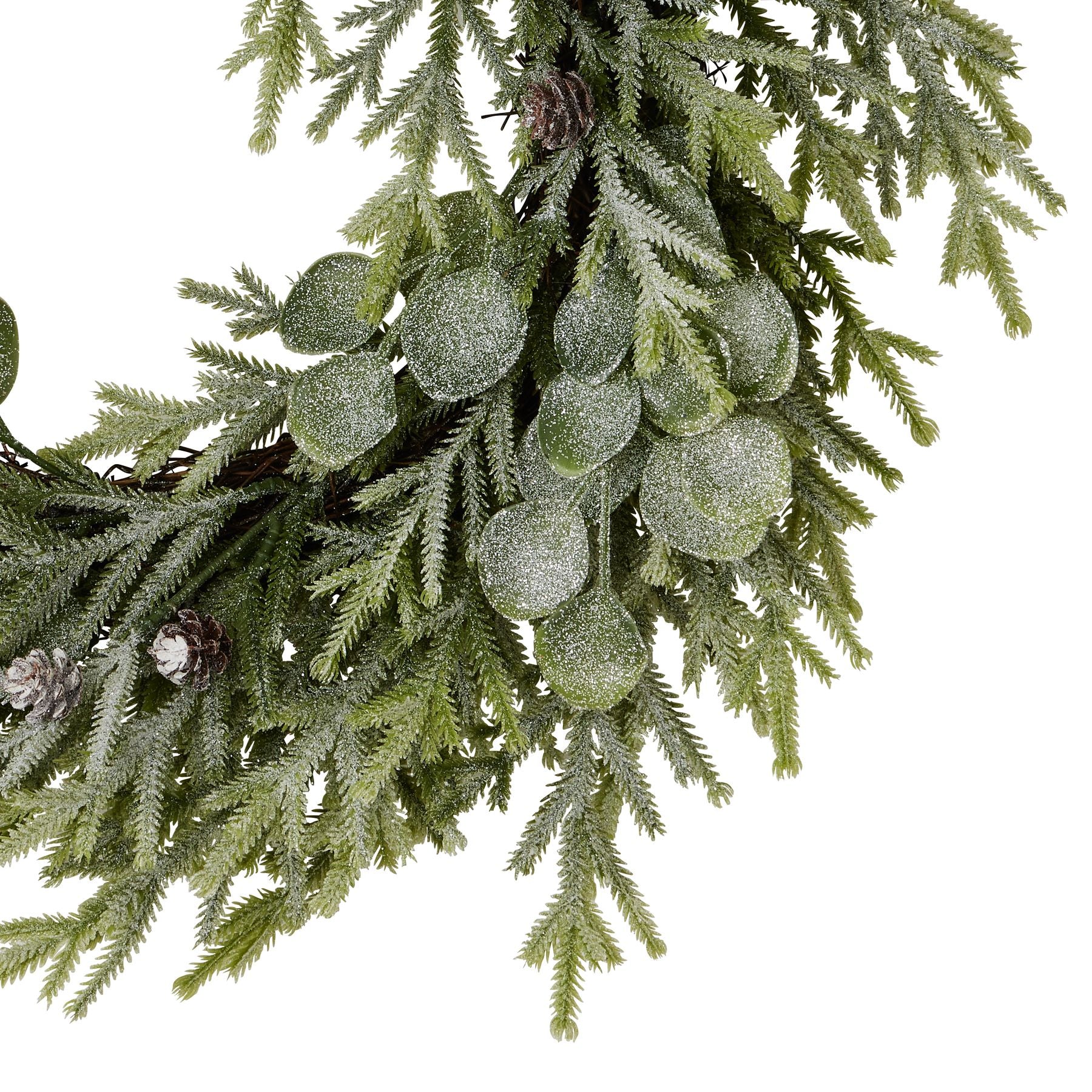 Artificial Christmas garland with green leaves and pinecones on a white background