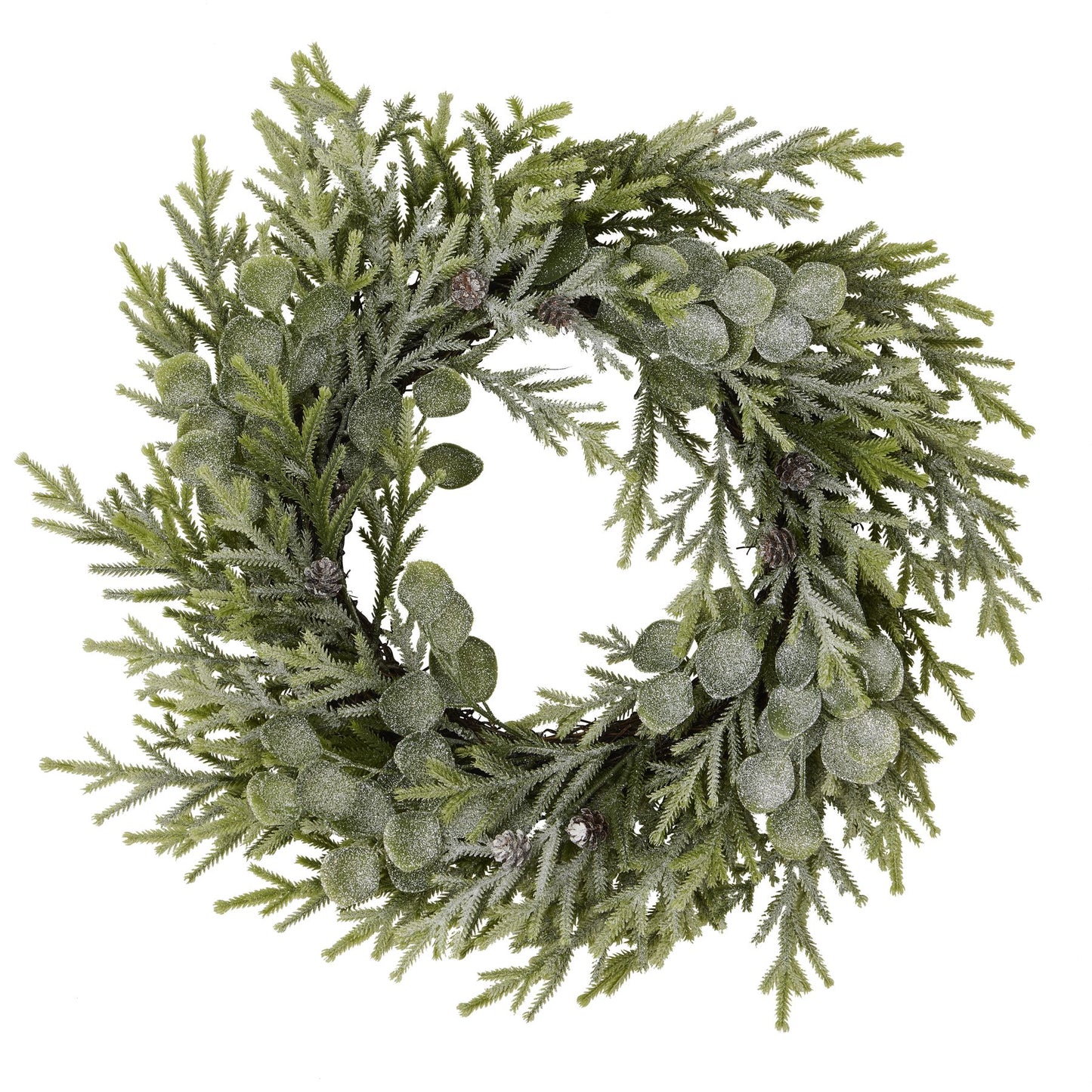 Green artificial wreath with pine needles and berries on a white background