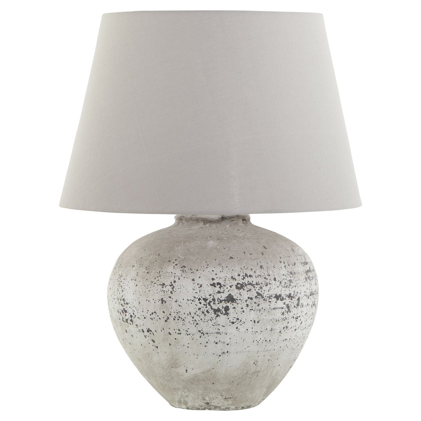 Table lamp with textured gray base and white lampshade on a white background