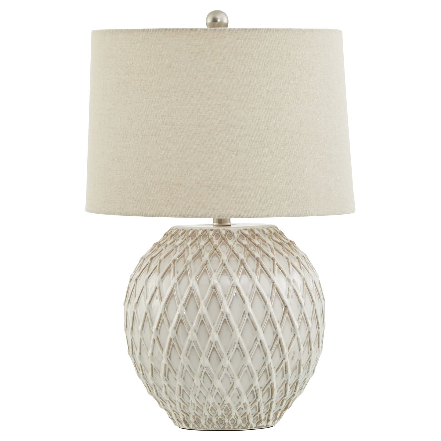 Table lamp with textured base and beige lampshade on a white background