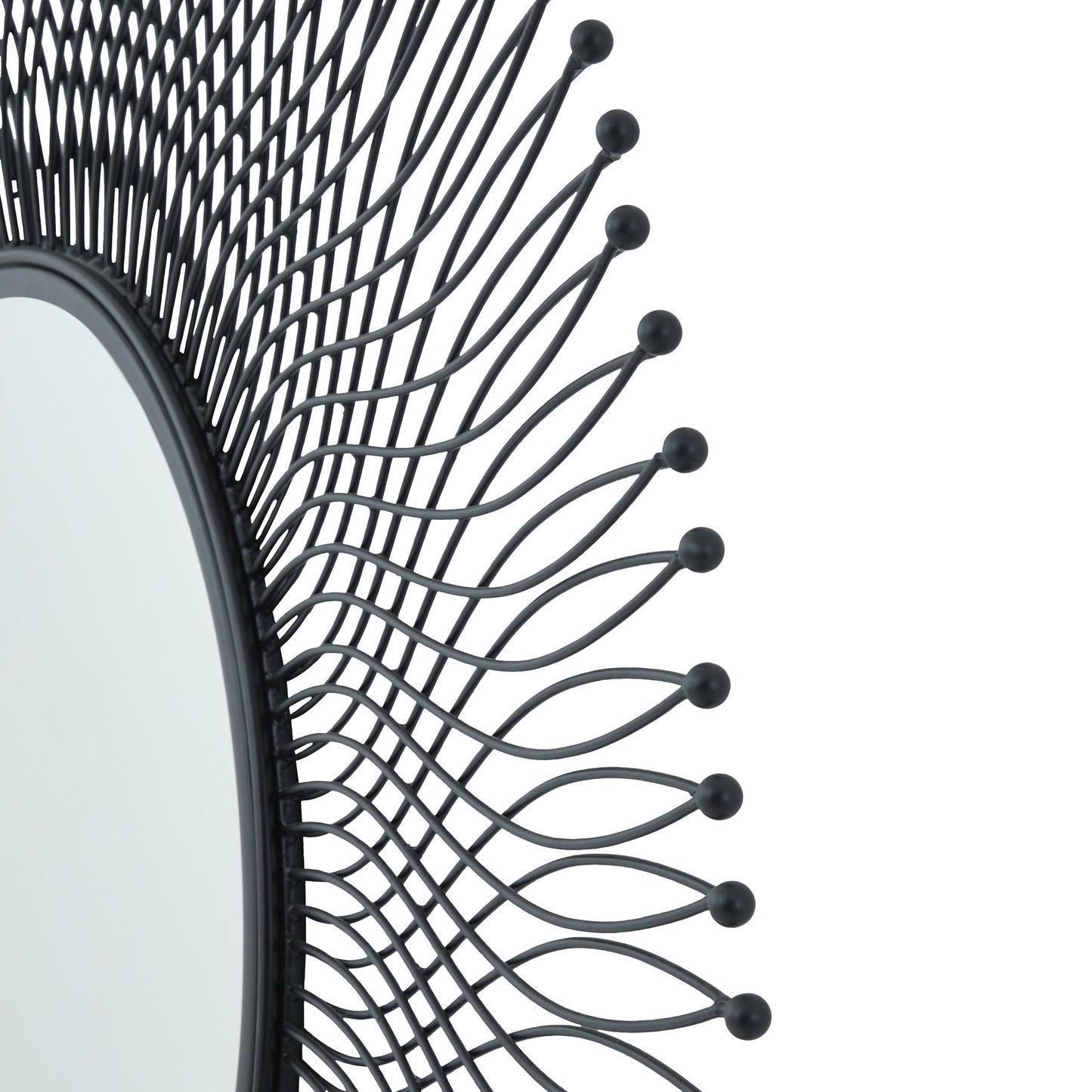 Close-up of a black decorative mirror with intricate design on a white background