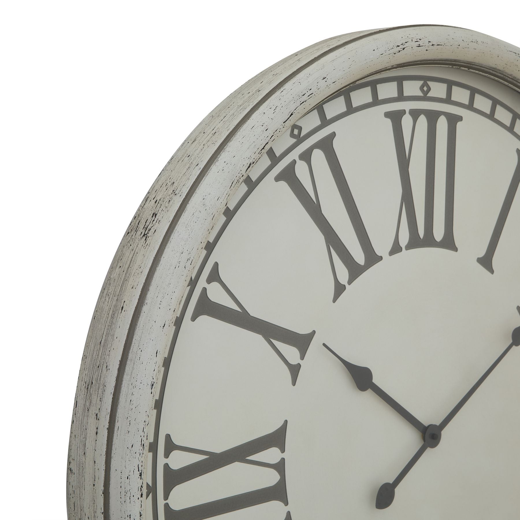Zoom in of vintage cream and grey clock.