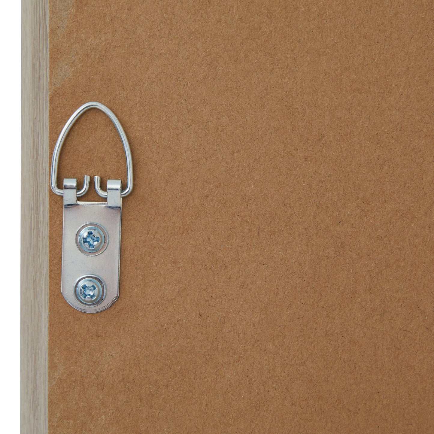 Metal latch on a brown wooden frame.