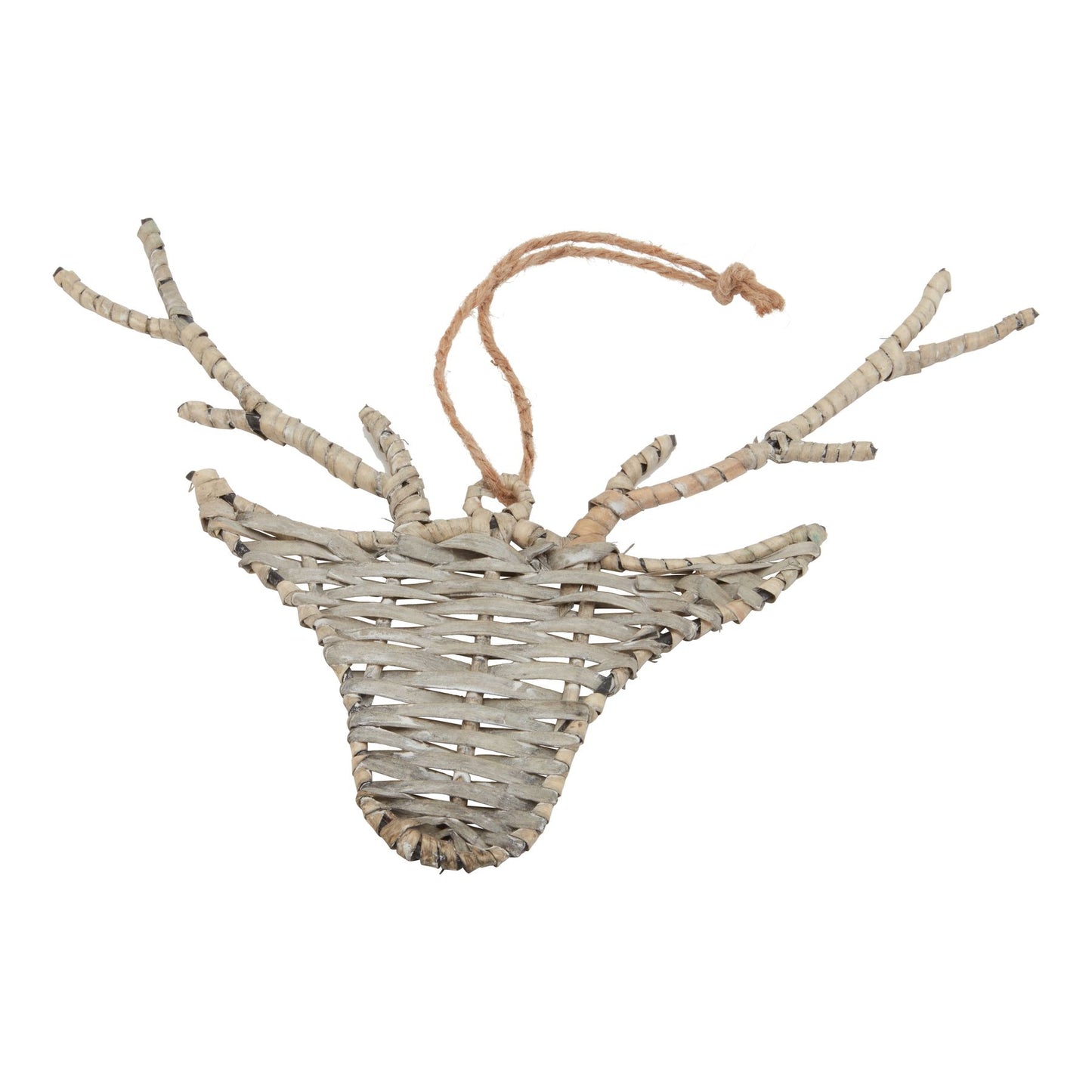 Wicker deer head ornament with antlers on a white background