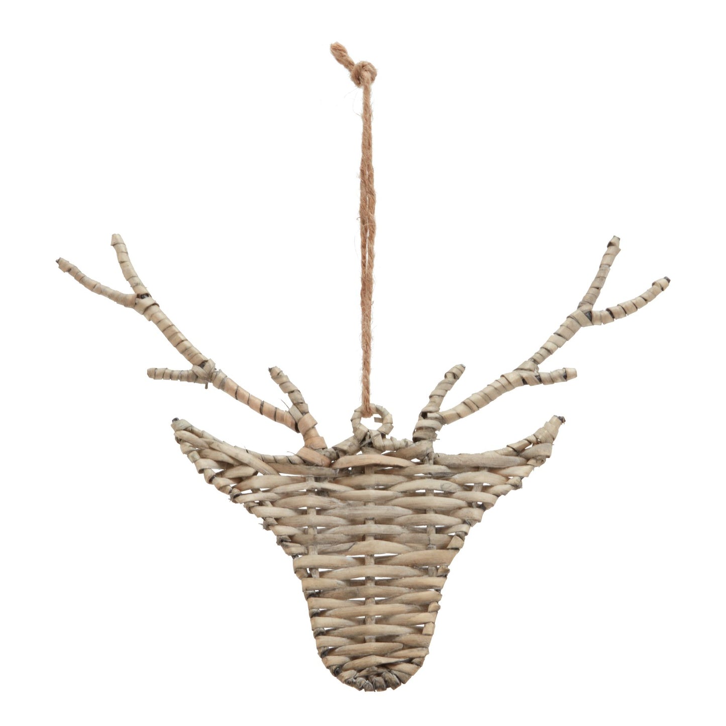 Woven wall hanging reindeer with branch-like extensions on a white background