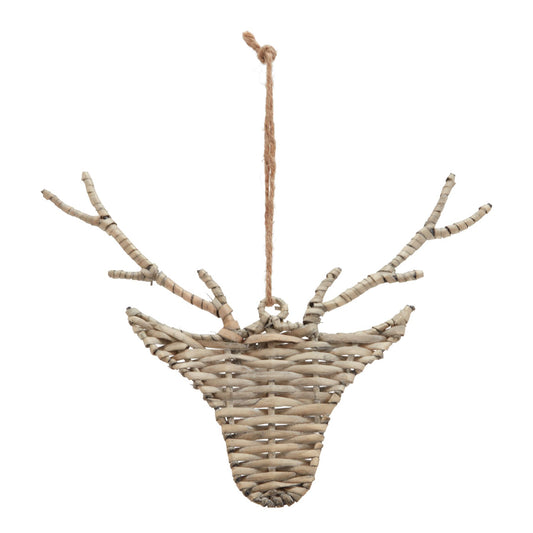 Woven wall hanging reindeer with branch-like extensions on a white background