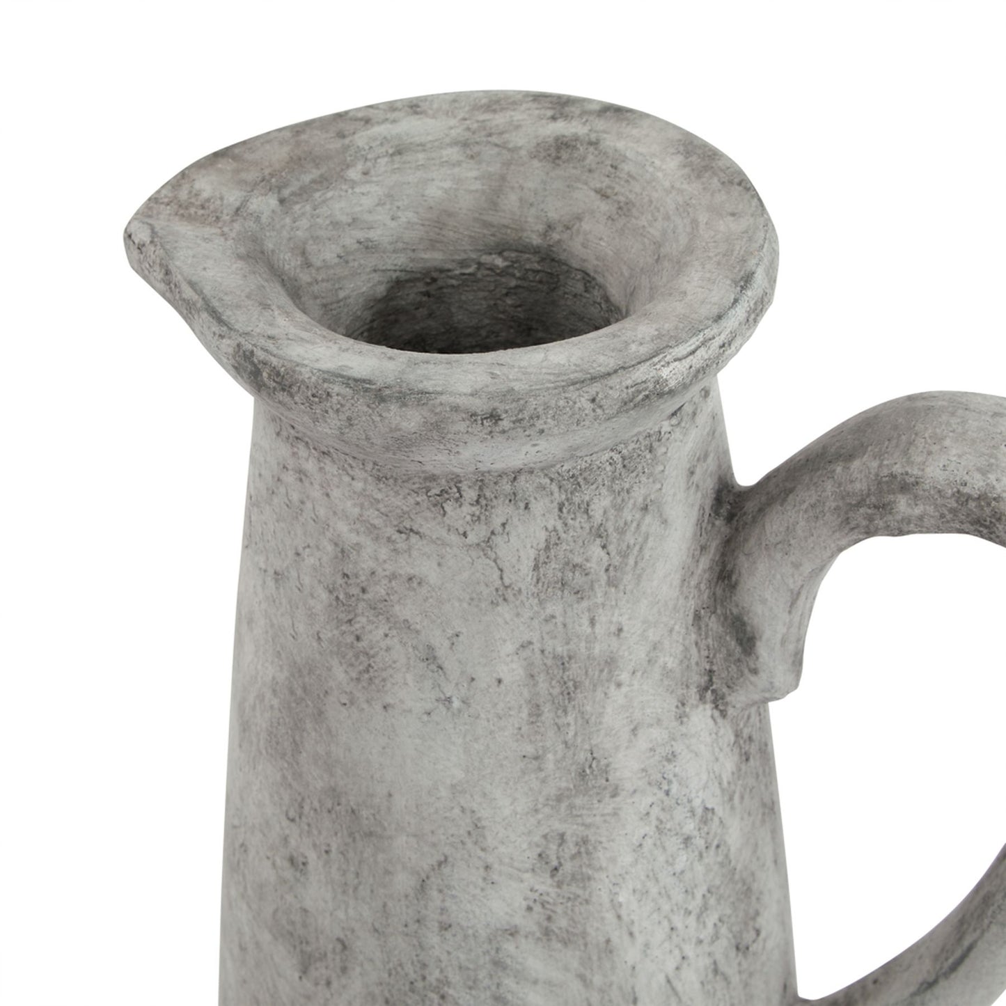 Gray ceramic pitcher with a handle on a white background