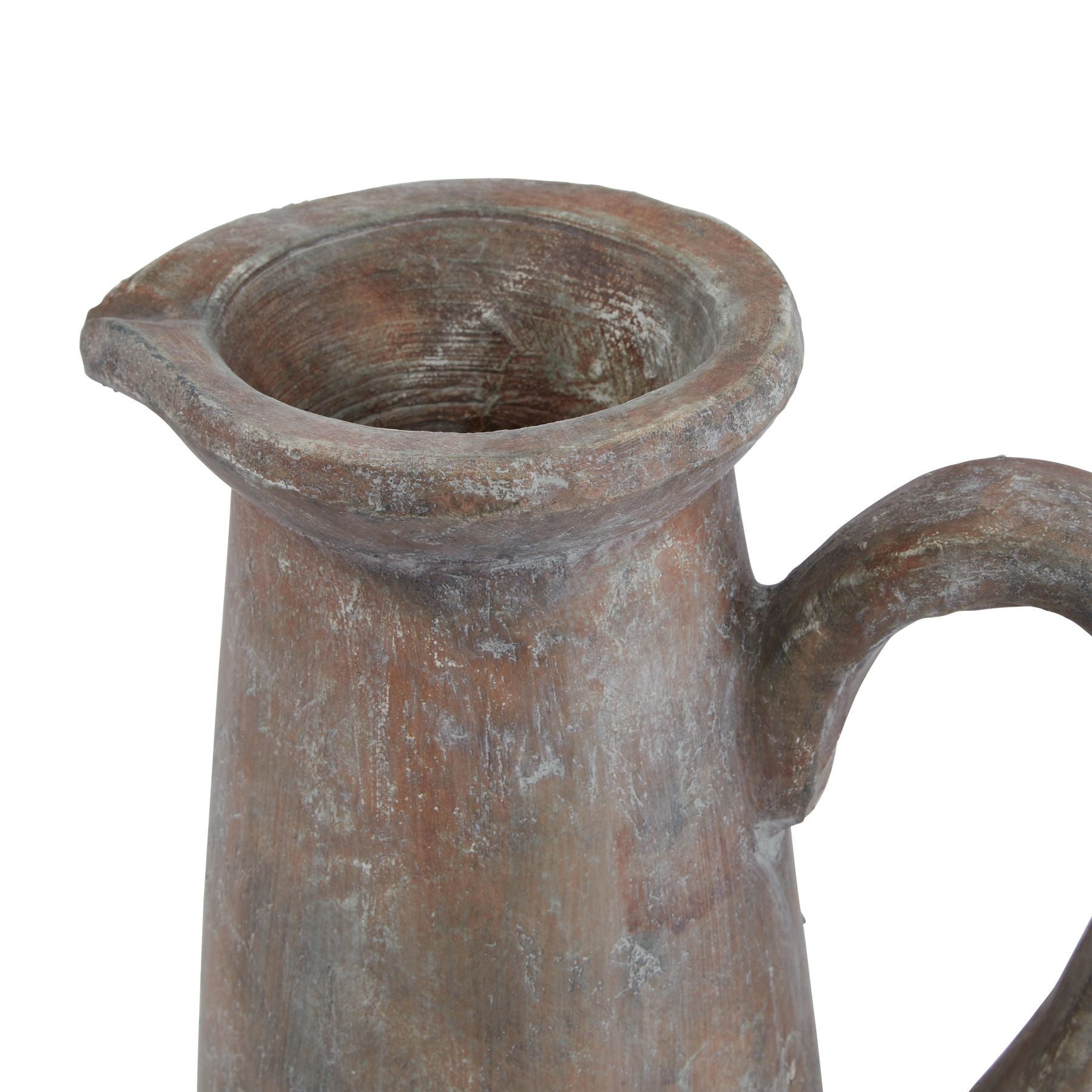 Close-up of a ceramic pitcher with a handle on a white background