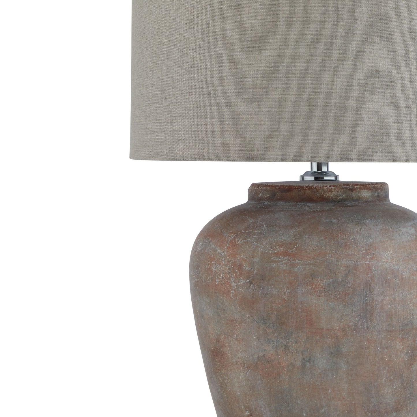 Table lamp with a textured brown base and beige lampshade on a white background