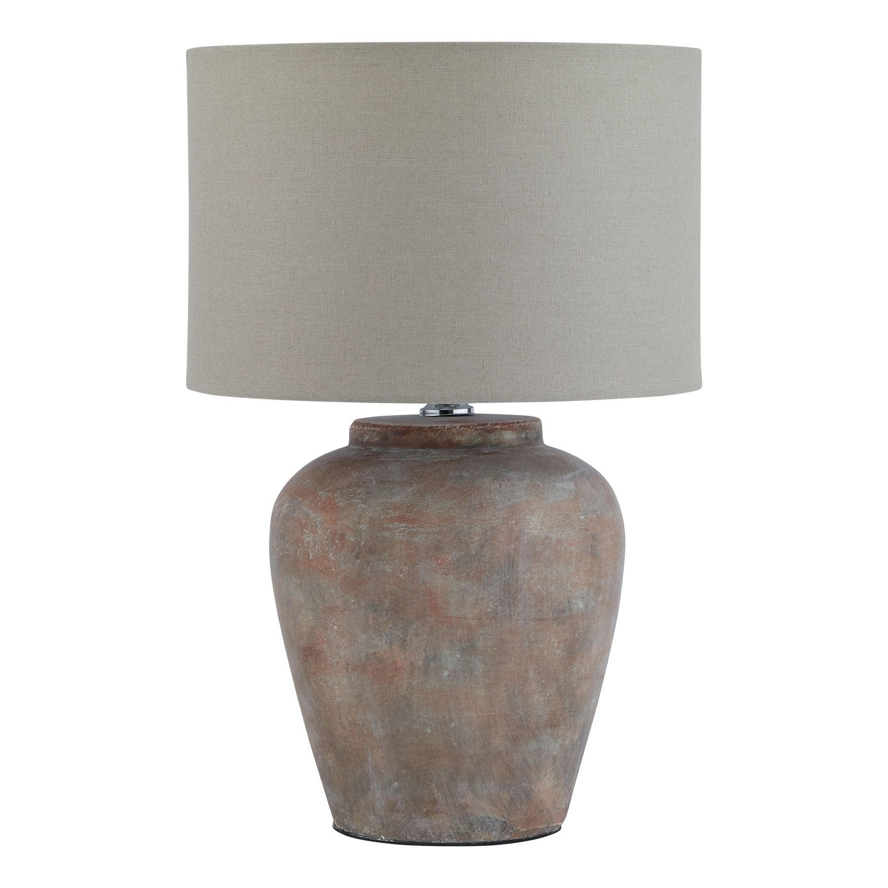 Table lamp with a textured brown base and gray shade on a white background