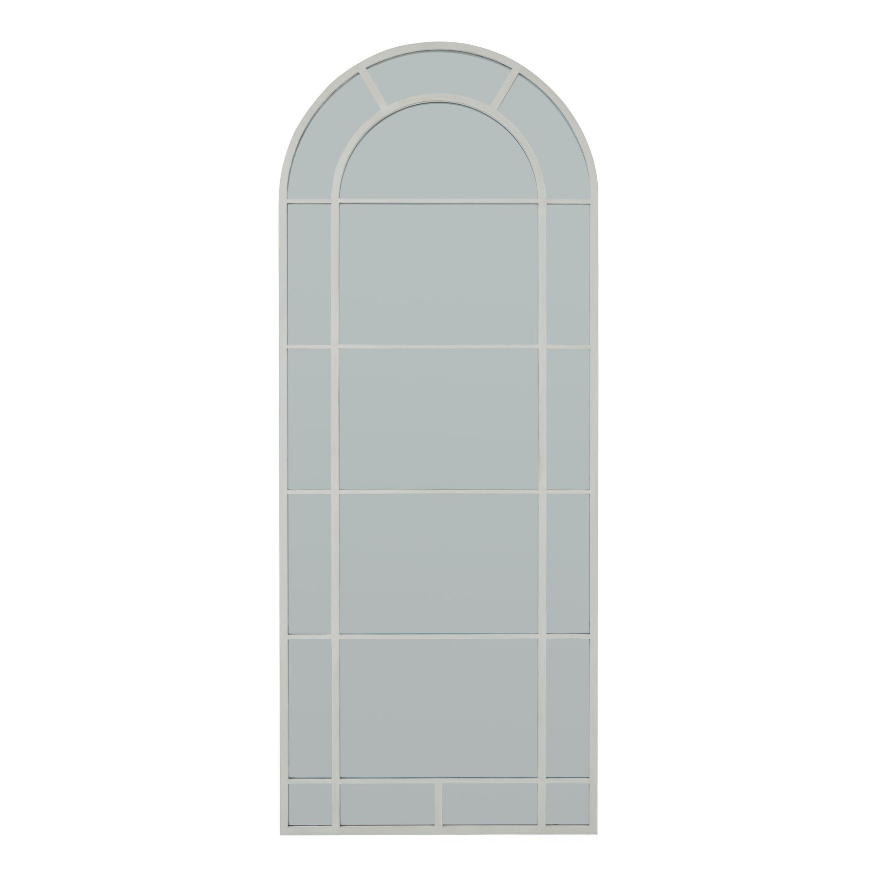 Arched window design mirror with grid pattern on a white background