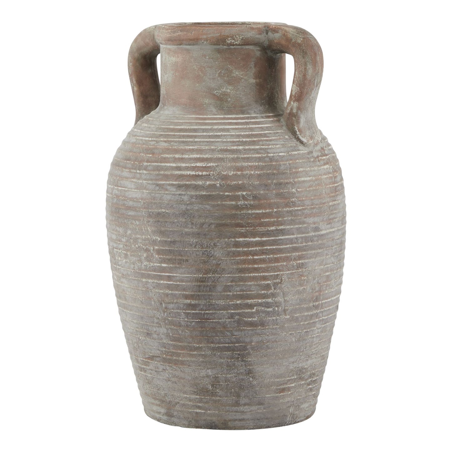 Decorative vase with ribbed texture and handles on a white background