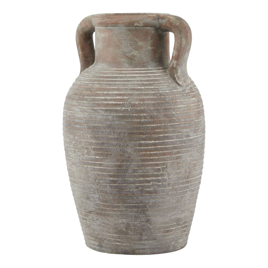Decorative vase with ribbed texture and handles on a white background