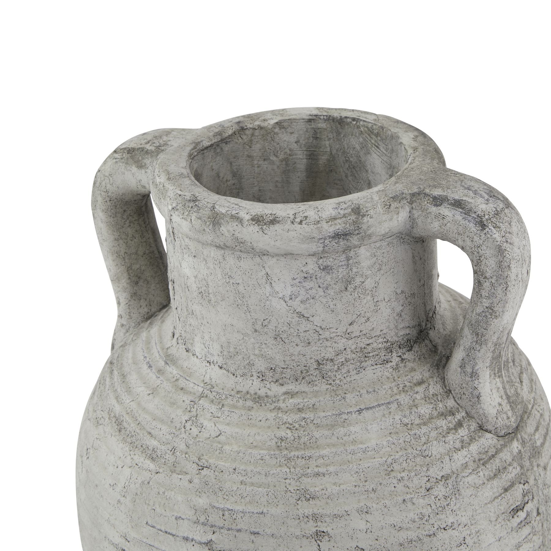 Decorative stone vase with handles on a white background