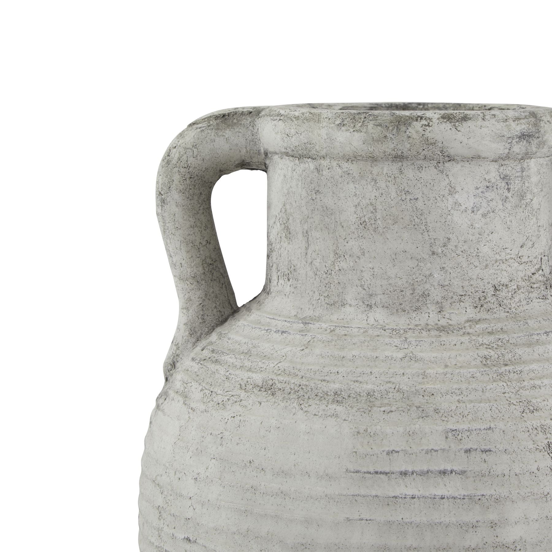 Gray ceramic vase with a handle on a white background