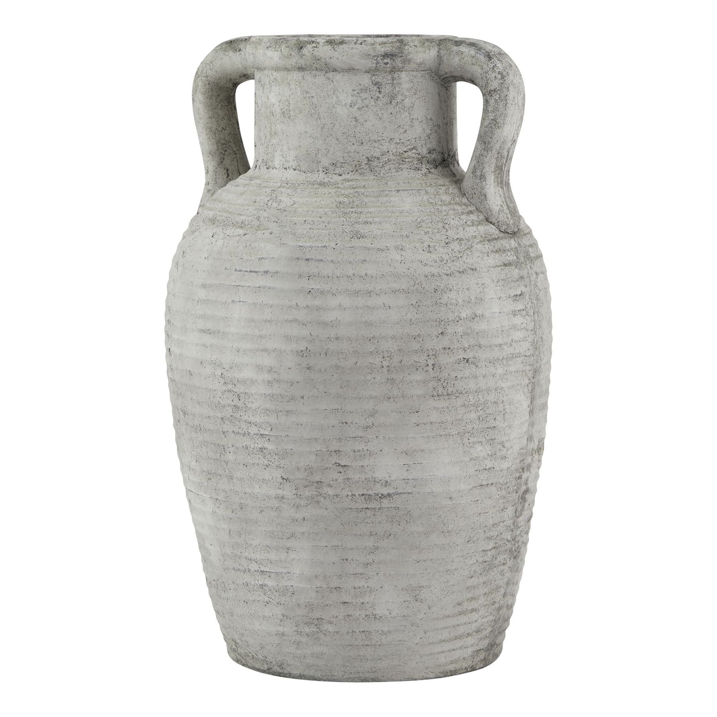Gray textured vase with two handles on a white background