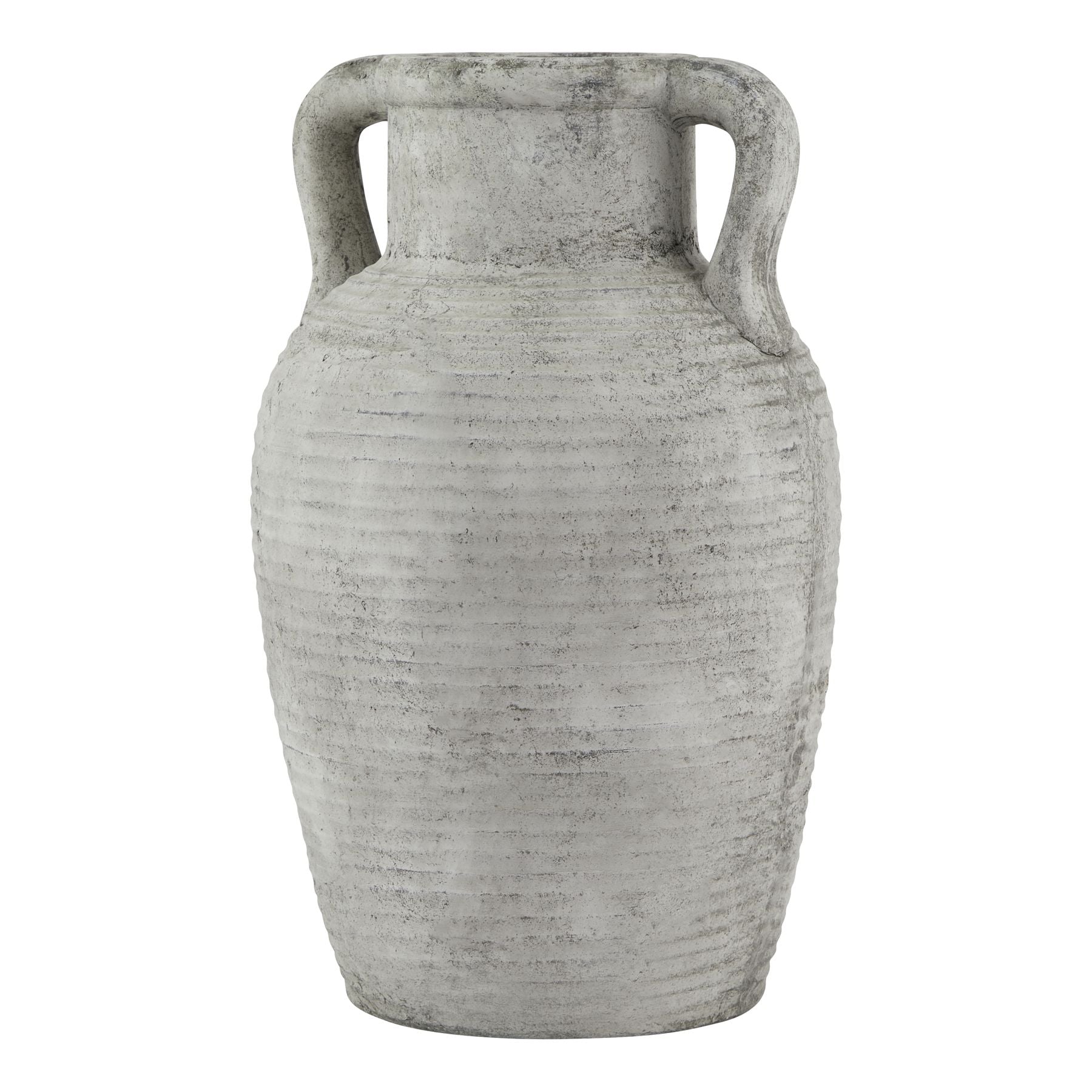 Gray textured vase with two handles on a white background
