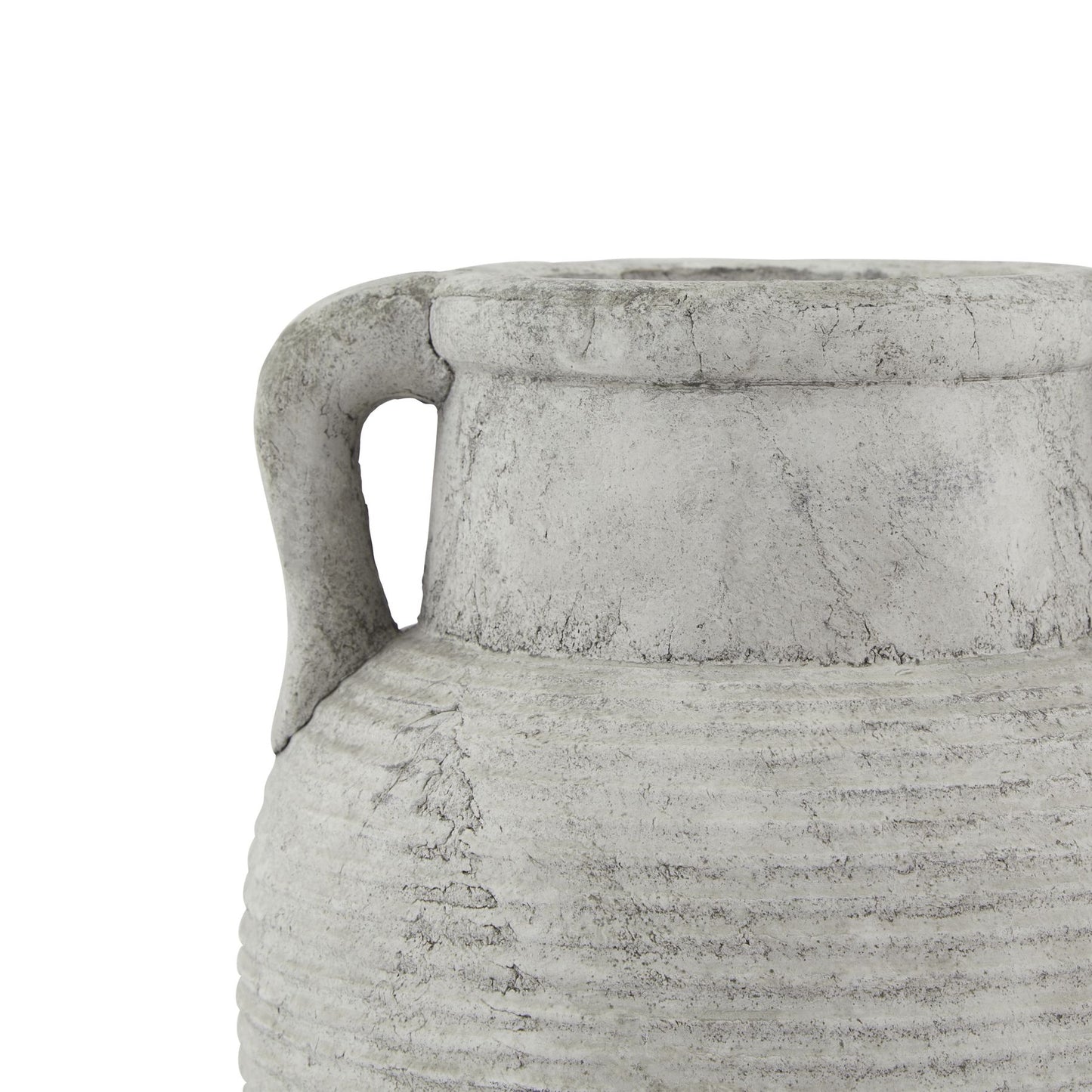 Textured gray ceramic vase with a handle on a white background