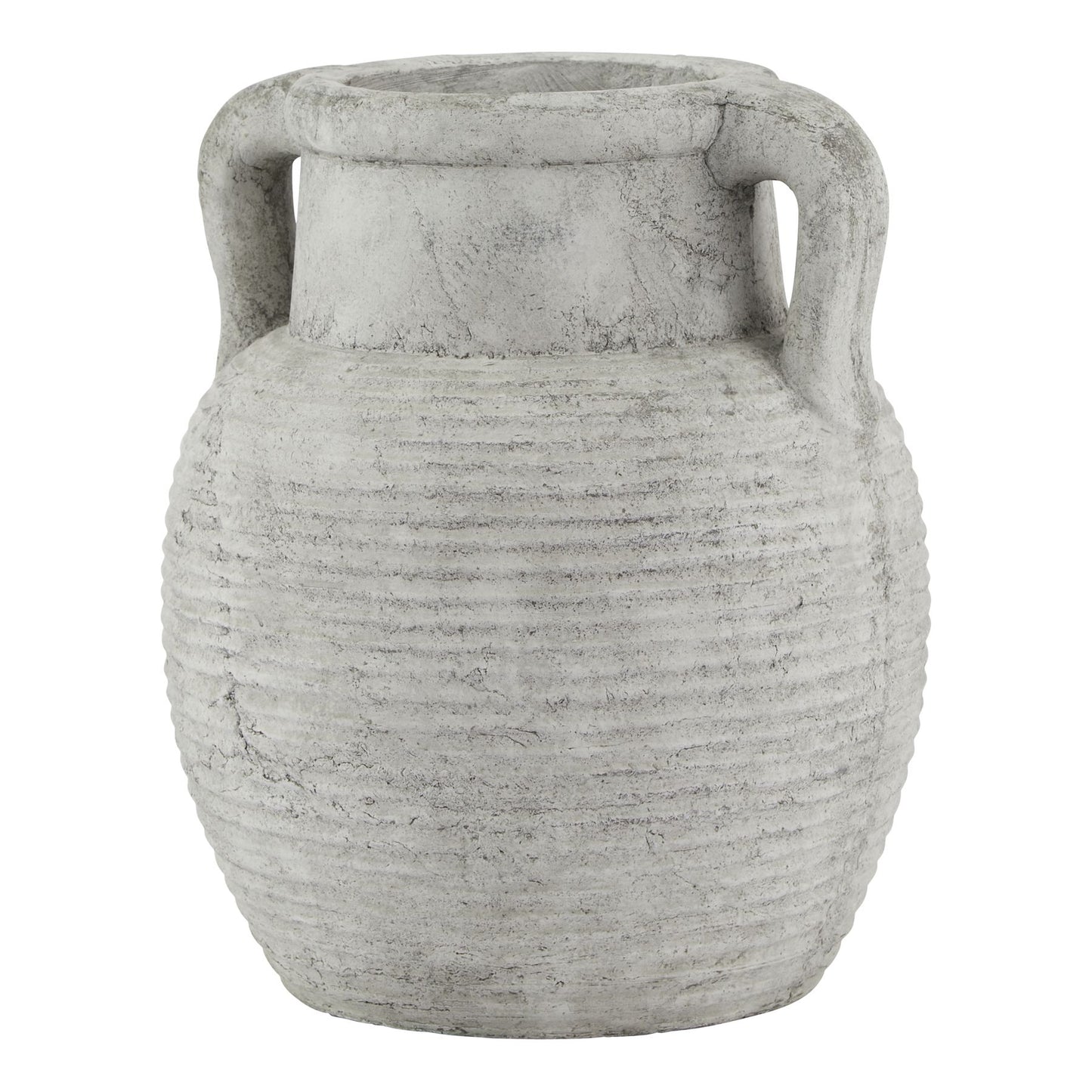 Gray textured vase with two handles on a white background