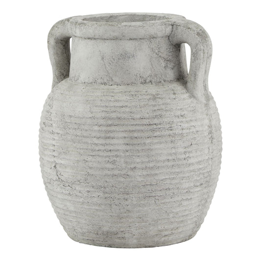 Gray textured vase with two handles on a white background