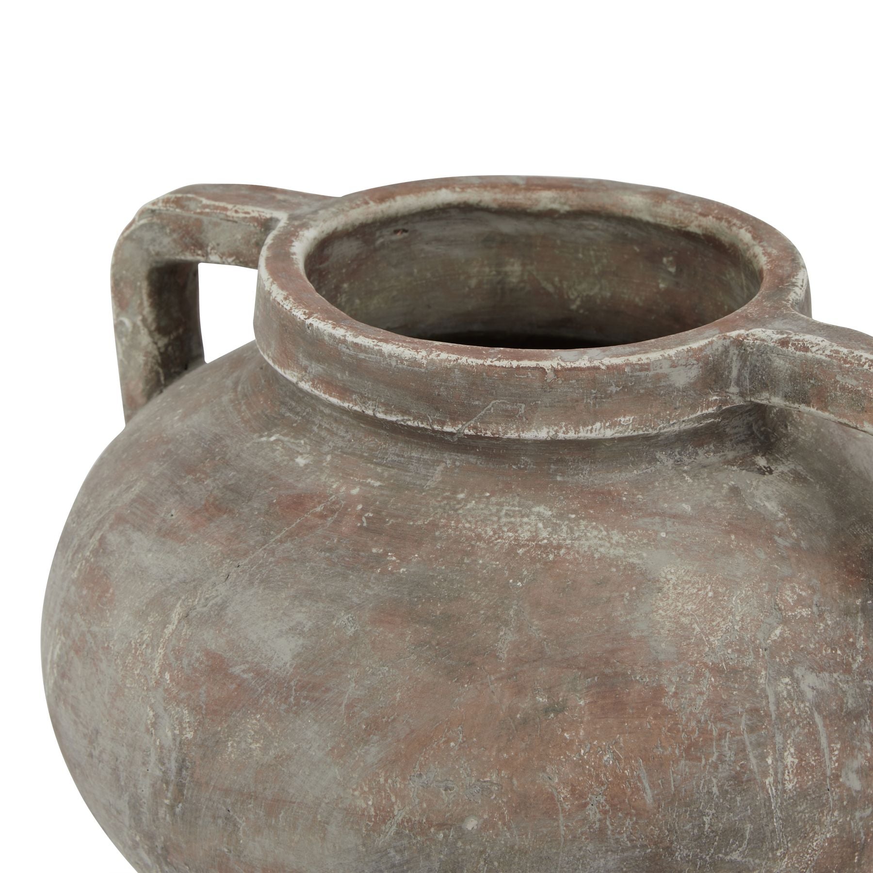 Ancient terracotta jar with handles on a white background