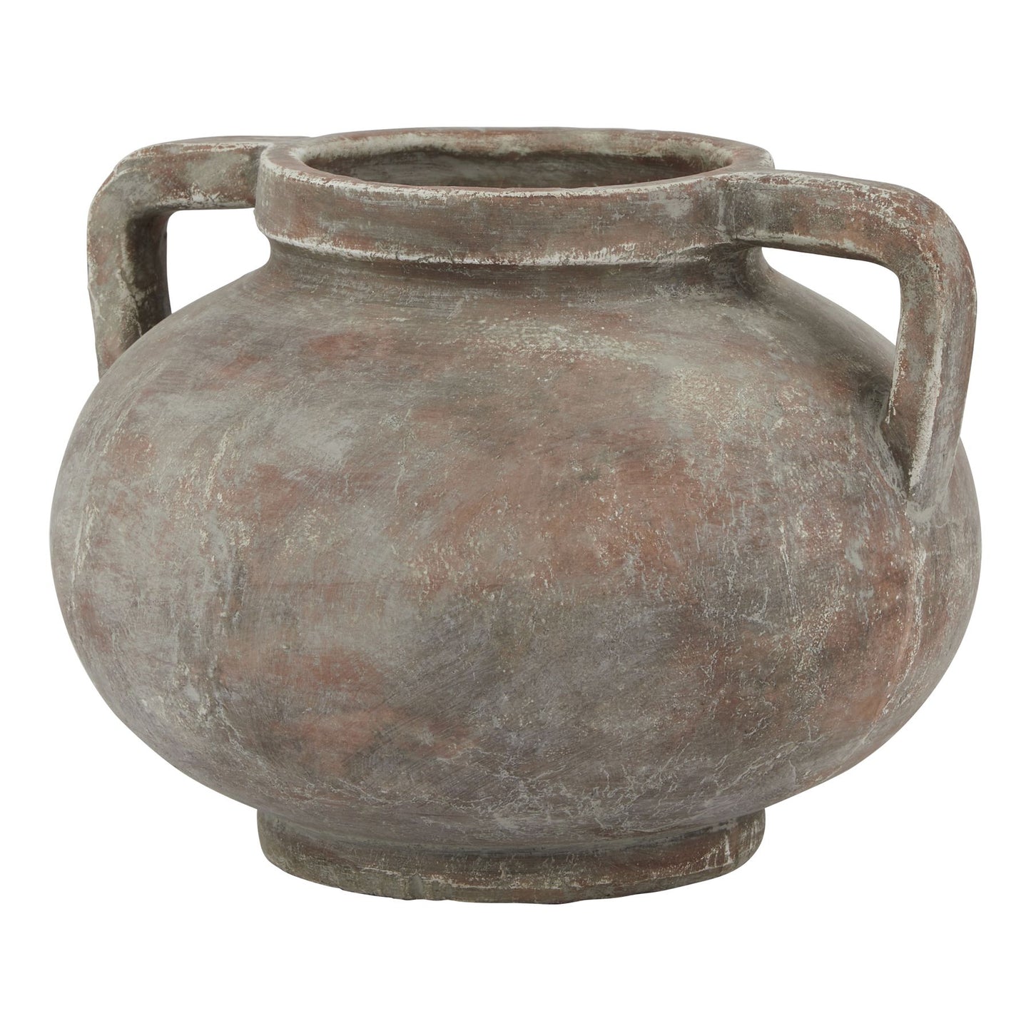 Vintage-style terracotta pot with handles on a white background