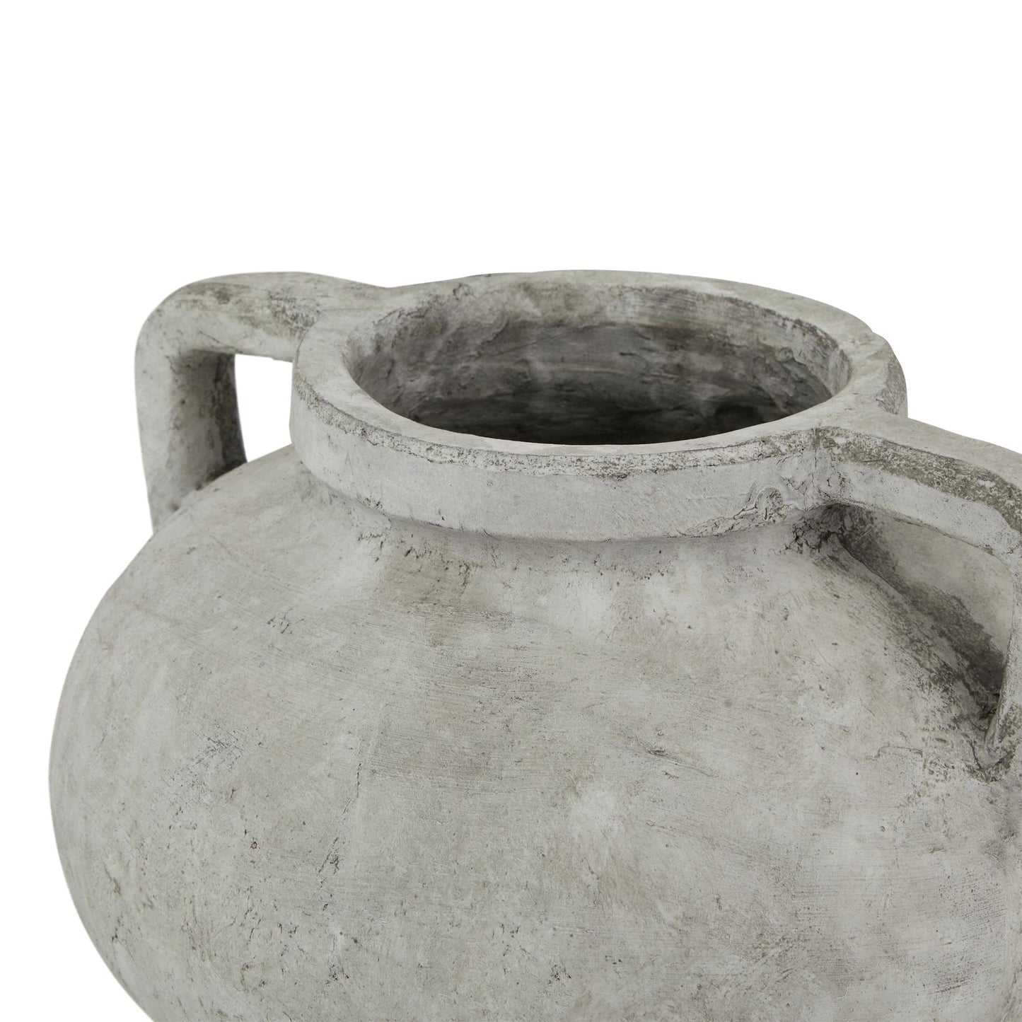 Decorative stone vase with two handles on a white background