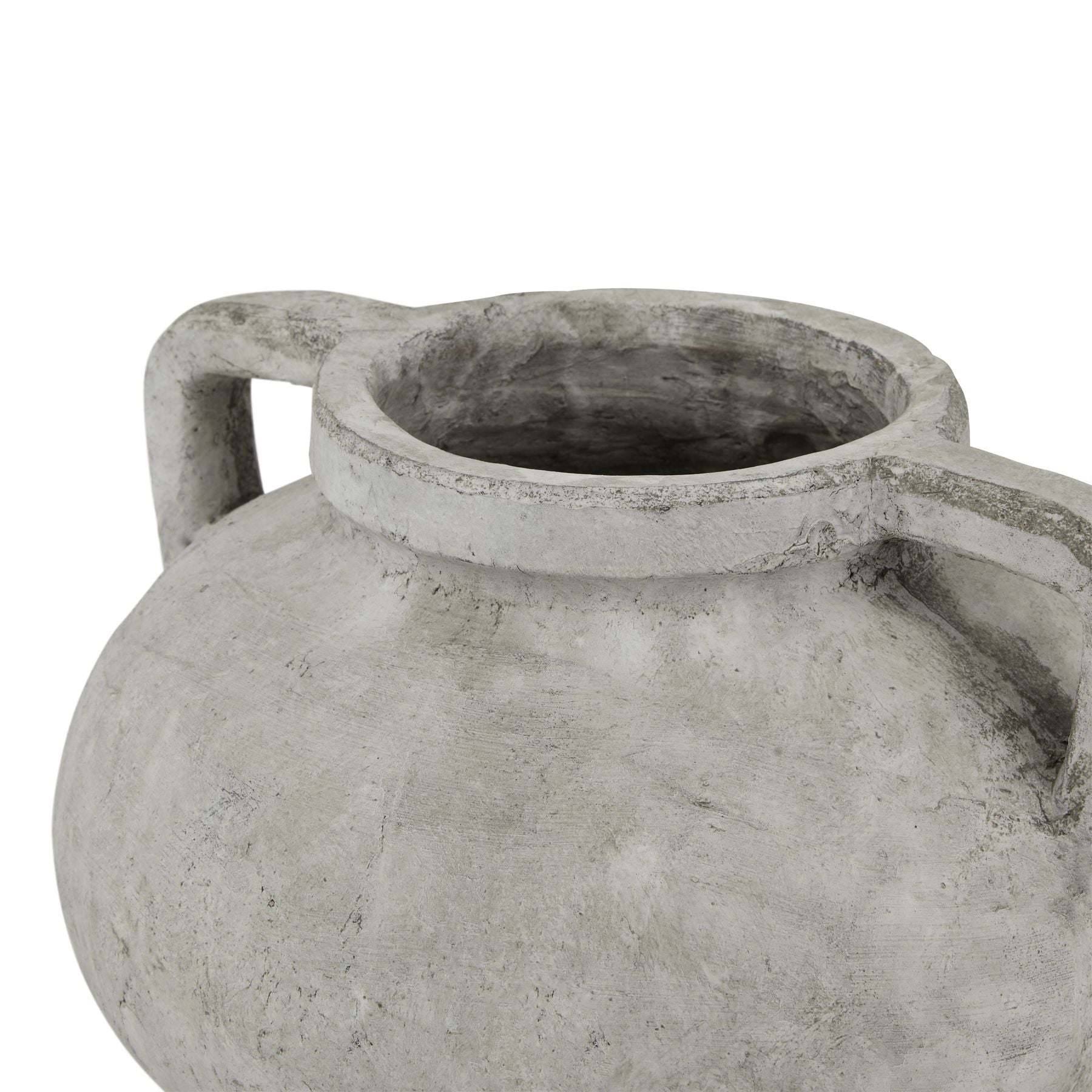 Decorative stone vase with two handles on a white background